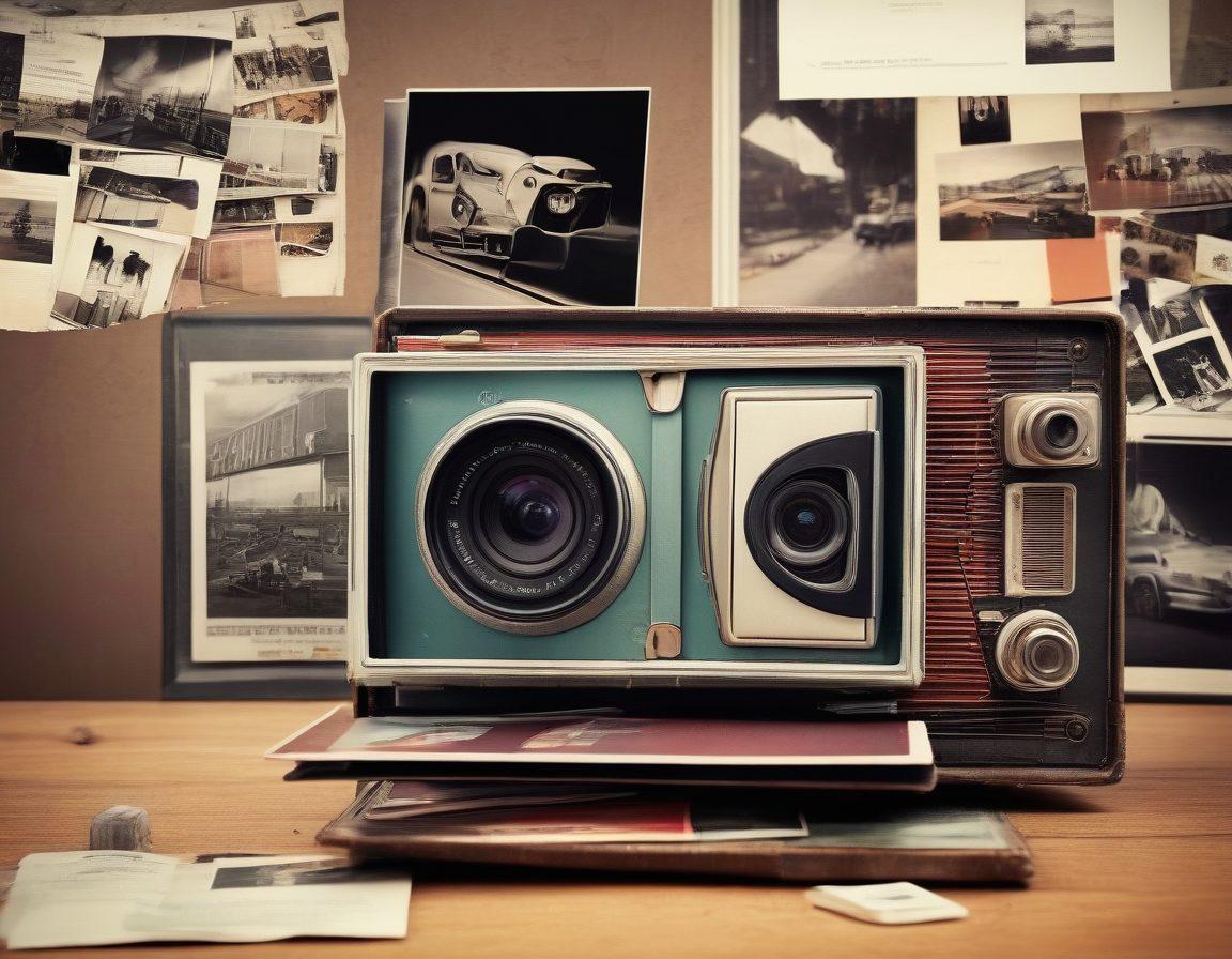 A split image showcasing the evolution of media storage: one half depicts a dusty, vintage photo album with old photographs, while the other half features a sleek, modern digital interface displaying vibrant video thumbnails on a futuristic device. In the center, arrows symbolizing the transition from static to dynamic media. Bright, engaging colors contrasting the past and future. super-realistic. vibrant colors.