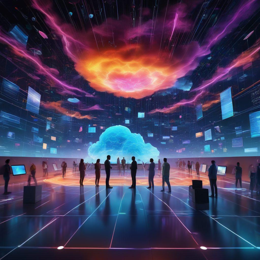 A futuristic digital landscape depicting file sharing and online storage, featuring glowing, interconnected cloud servers and digital files being exchanged between users. Include diverse characters engaged in digital content creation, surrounded by holographic interfaces and data streams. The environment should feel vibrant and dynamic, representing innovation and collaboration in technology. super-realistic. vibrant colors. 3D.