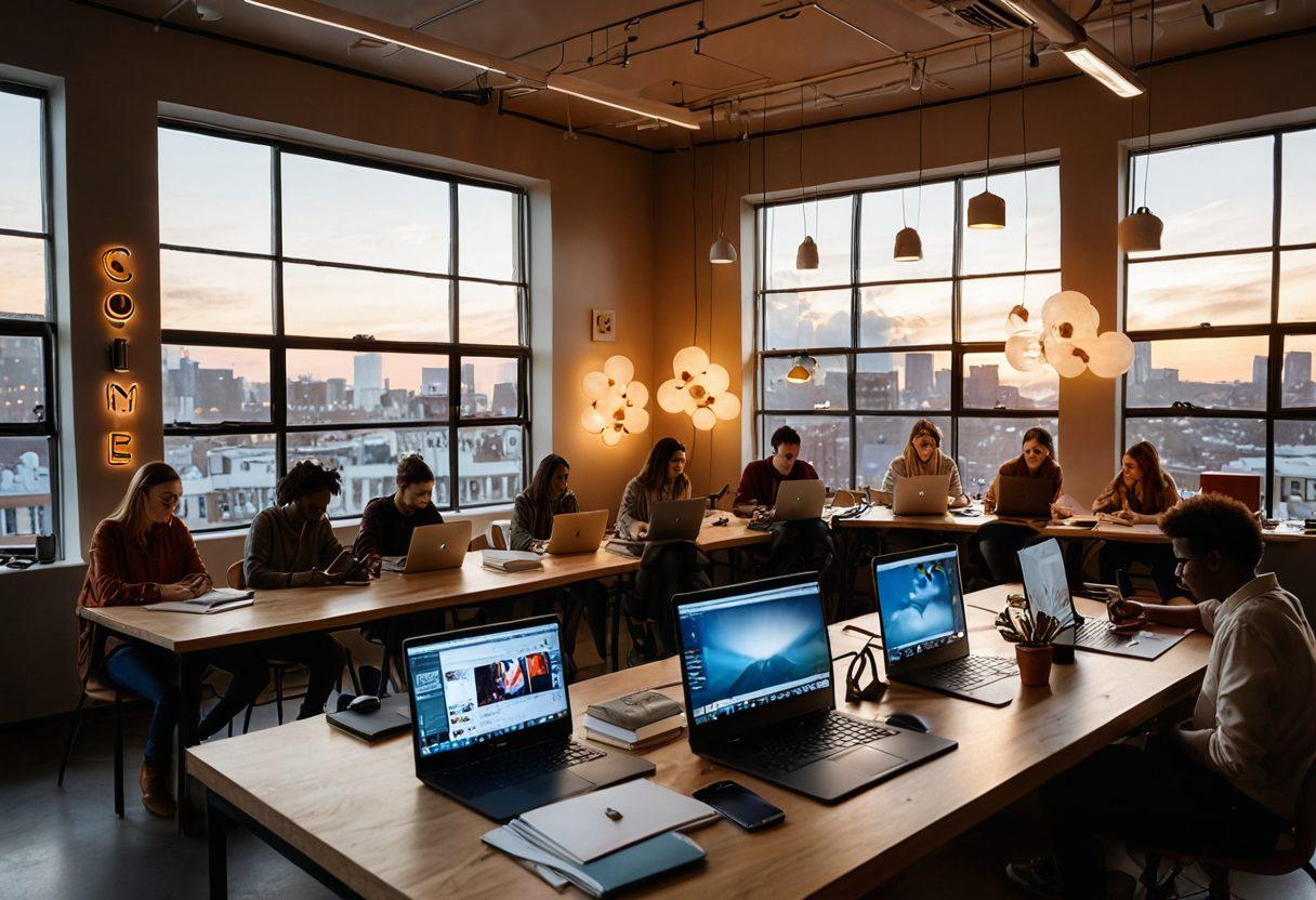 A dynamic workspace featuring a diverse group of creators collaborating on digital content, surrounded by floating cloud symbols representing cloud storage. Laptops and tablets display vibrant creative designs. Soft light filters through large windows, symbolizing innovation and empowerment. Include elements like sketchbooks, cameras, and audio equipment to highlight various content types. super-realistic. vibrant colors.